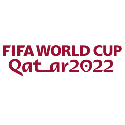 Czerwony napis na białym tle: FIFA WORLD CUP Qatar 2022