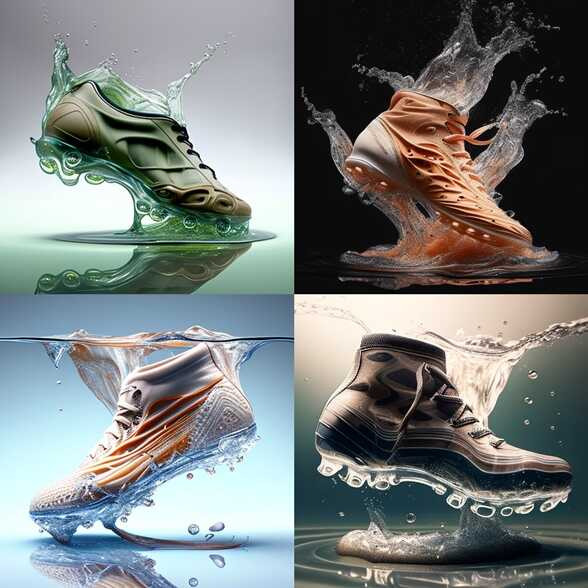 Obraz podzielony na cztery buty wrzucone do wody.