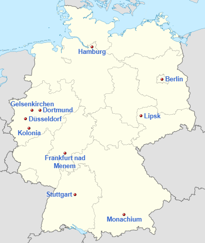 Mapa Niemiec z zaznaczonymi 10 miastami położonymi blisko zewnętrznych granic